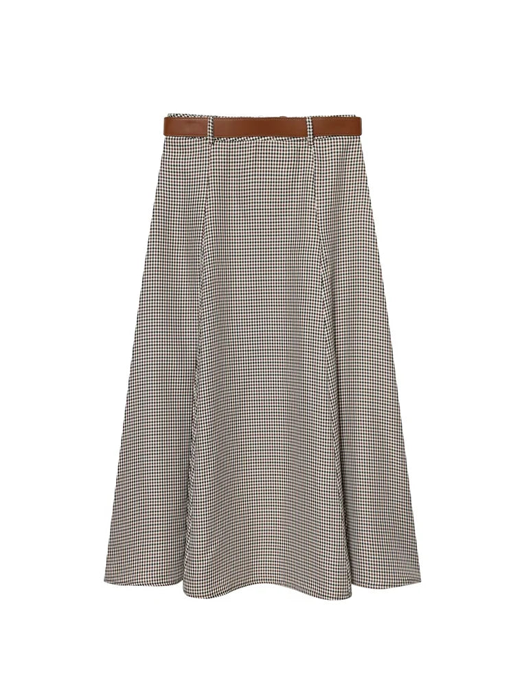 Houndstooth A-Line Midi Skirt | Women's Belted Side-Zip Plaid Skirt