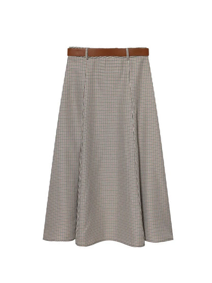Houndstooth A-Line Midi Skirt | Women's Belted Side-Zip Plaid Skirt