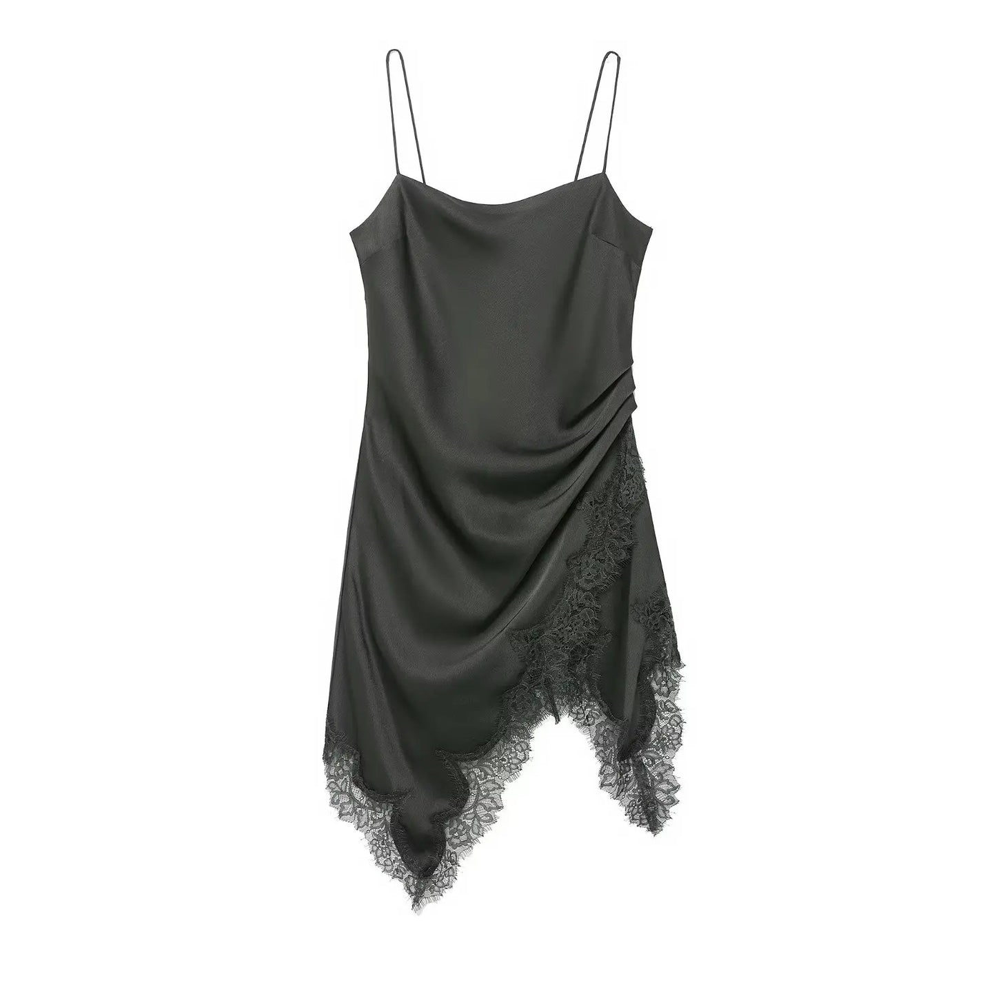 Lace-Trim Pleated Strap Dress | Women's Asymmetric Sleeveless Occasion Dress