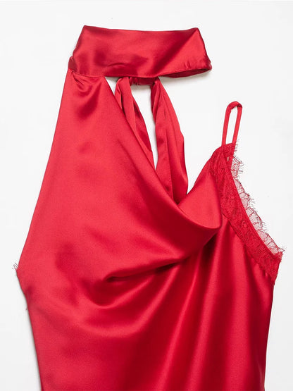 Lace Halter Satin Blouse | Women's Asymmetric Hem Sleeveless Top