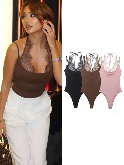 Lace-Panel Backless Sling Bodysuit | Women's Sleeveless Fitted Top