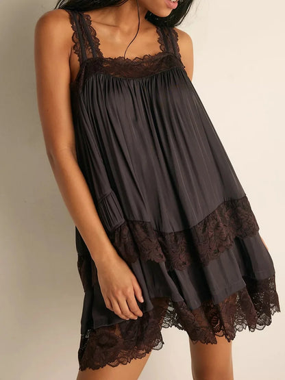 Floral Lace-Trim Babydoll Dress | Women's Ruffle Mesh Mini Dress