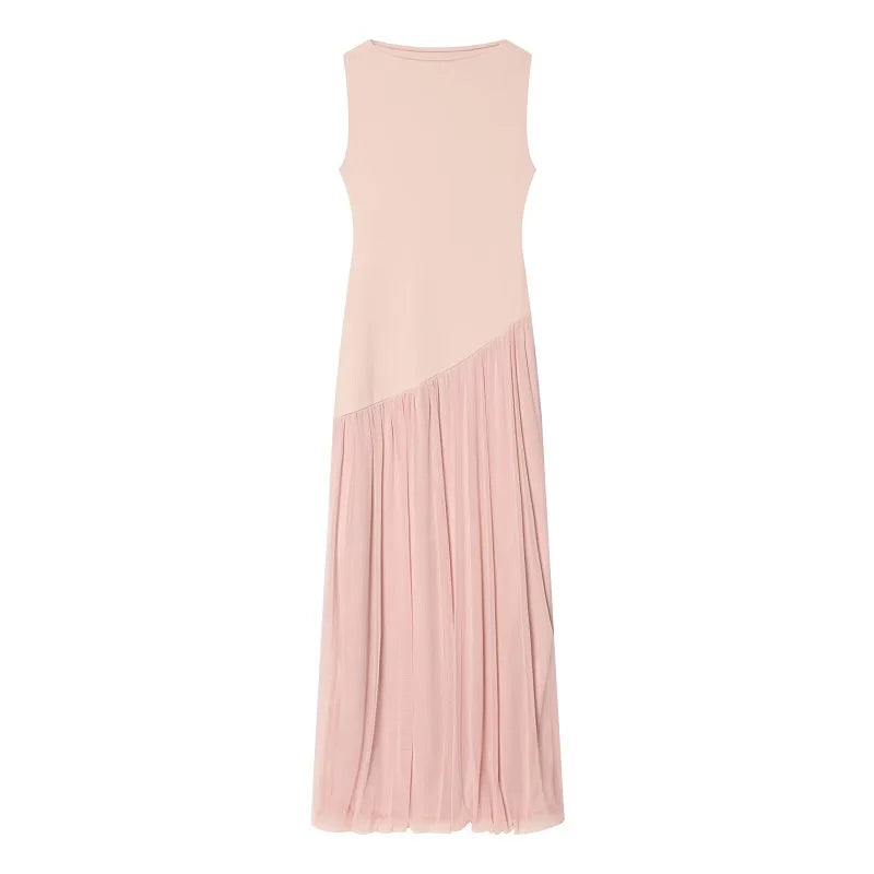 Pleated Tulle Maxi Dress | Women's Sleeveless Mesh Evening Dress