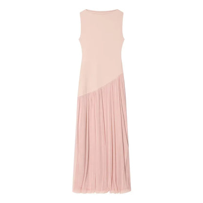 Pleated Tulle Maxi Dress | Women's Sleeveless Mesh Evening Dress