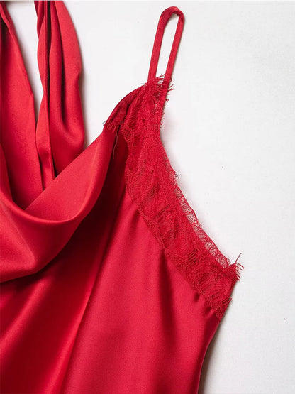 Lace Halter Satin Blouse | Women's Asymmetric Hem Sleeveless Top