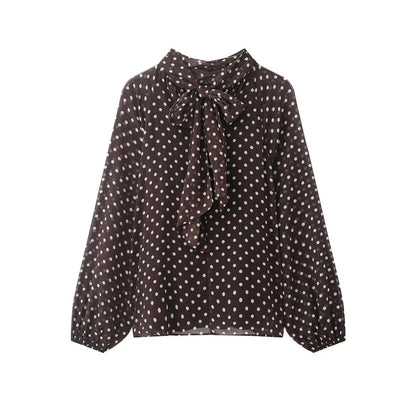 Bow-Collar Polka Dot Blouse | Women's Loose Long-Sleeve Shirt