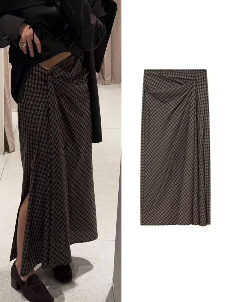 Plaid Straight-Cut Midi Skirt | Women's High-Waist Tailored Skirt