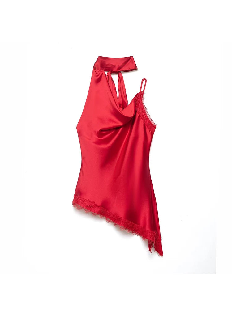Lace Halter Satin Blouse | Women's Asymmetric Hem Sleeveless Top
