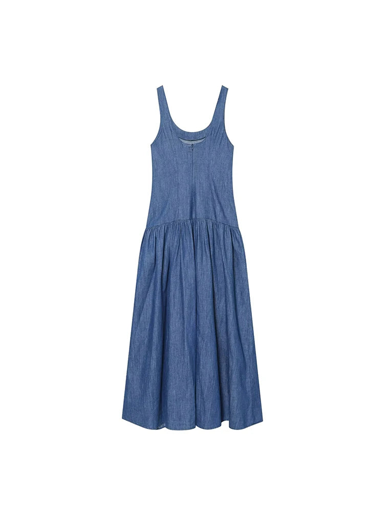 Denim Sleeveless Midi Dress | Women's Slim-Fit A-Line Slip Dress