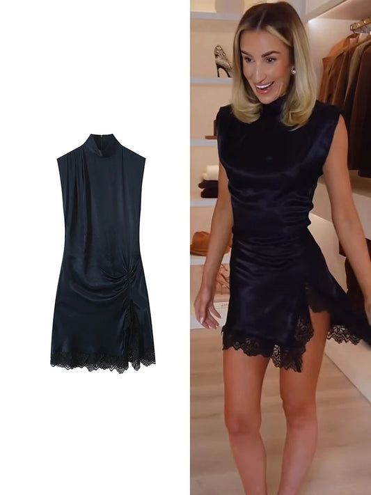 Lace-Splice Turtleneck Mini Dress | Women's Ruched Sleeveless Dress