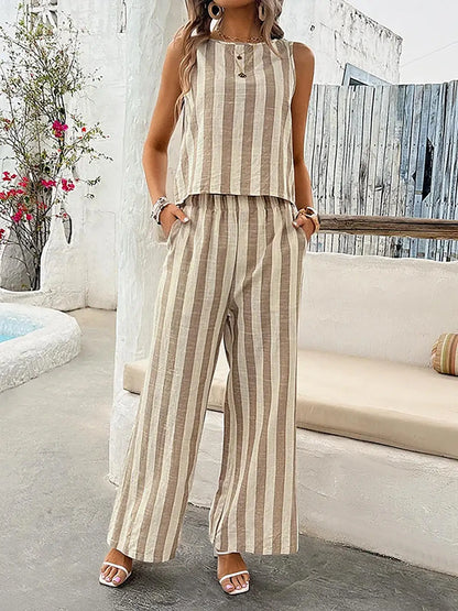 Striped Vest & Wide-Leg Trouser Set | Women's Two-Piece Loose Outfit
