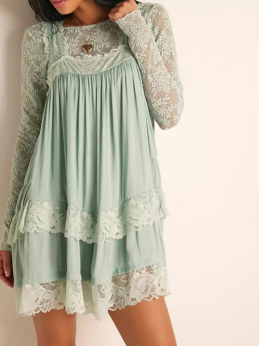Floral Lace-Trim Babydoll Dress | Women's Ruffle Mesh Mini Dress