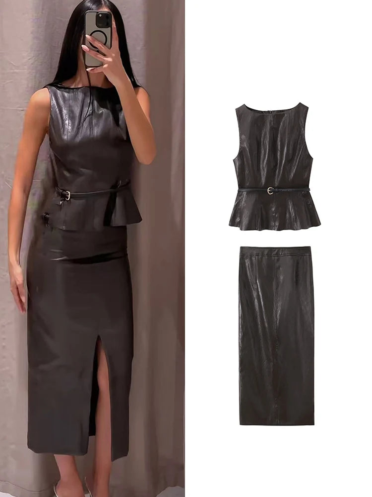 PU Leather Tank Top & Midi Skirt Set | Women's Belted Two-Piece Outfit