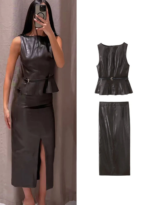 PU Leather Tank Top & Midi Skirt Set | Women's Belted Two-Piece Outfit