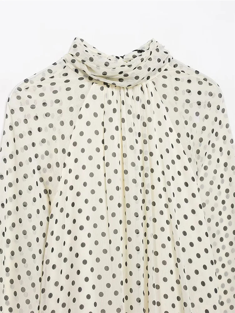 Bow-Collar Polka Dot Blouse | Women's Loose Long-Sleeve Shirt