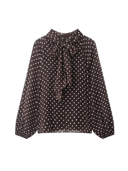 Bow-Collar Polka Dot Blouse | Women's Loose Long-Sleeve Shirt