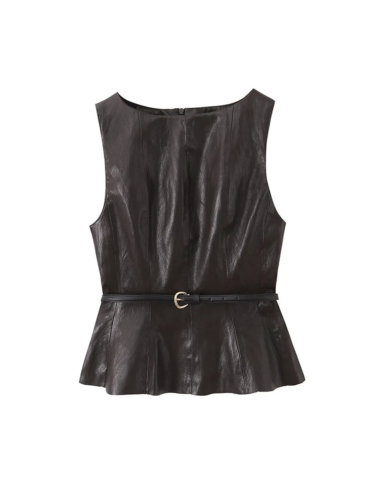 PU Leather Tank Top & Midi Skirt Set | Women's Belted Two-Piece Outfit