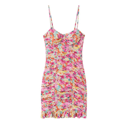 Floral Pleated Strap Mini Dress | Women's Backless Summer Dress