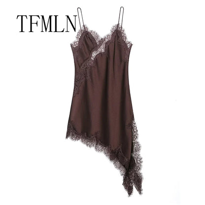 Lace-Splice Asymmetric Sleeveless Dress | Women's Slim Backless Occasion Dress