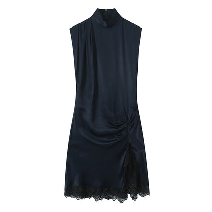 Lace-Splice Turtleneck Mini Dress | Women's Ruched Sleeveless Dress