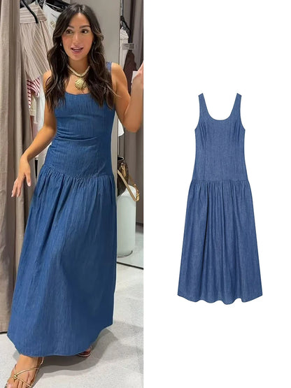 Denim Sleeveless Midi Dress | Women's Slim-Fit A-Line Slip Dress