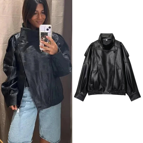 Oversized Faux Leather Biker Jacket | Women's Autumn-Winter Outerwear