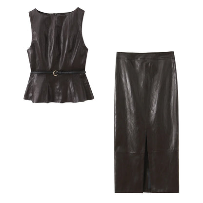 PU Leather Tank Top & Midi Skirt Set | Women's Belted Two-Piece Outfit