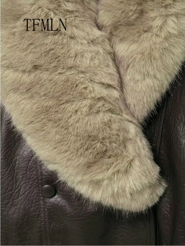 Faux Leather Double-Breasted Coat | Women's Detachable Fur-Collar Jacket