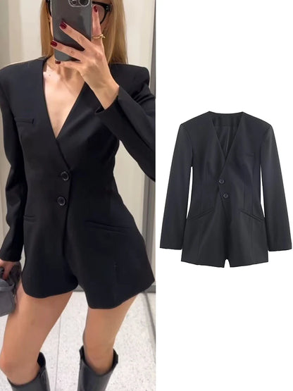 Blazer Romper Jumpsuit | Women's V-Neck Slim Long-Sleeve Shorts Set