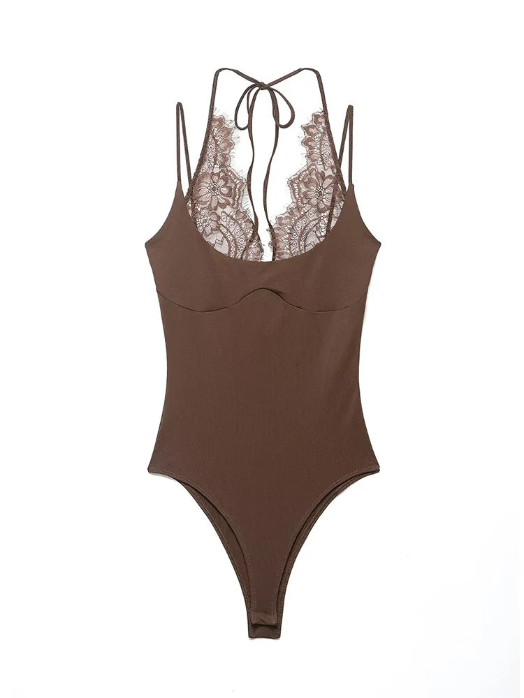 Lace-Panel Backless Sling Bodysuit | Women's Sleeveless Fitted Top