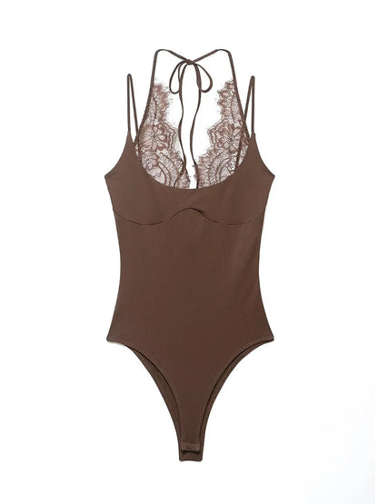 Lace-Panel Backless Sling Bodysuit | Women's Sleeveless Fitted Top