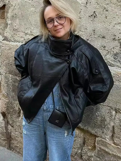 Oversized Faux Leather Biker Jacket | Women's Autumn-Winter Outerwear