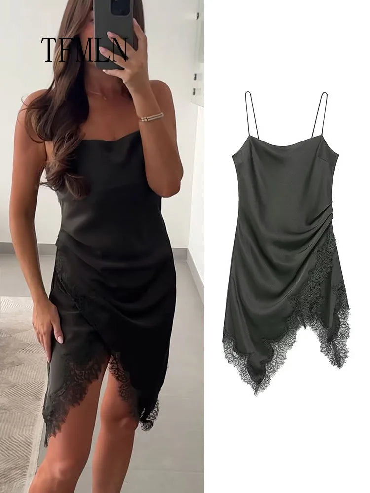 Lace-Trim Pleated Strap Dress | Women's Asymmetric Sleeveless Occasion Dress