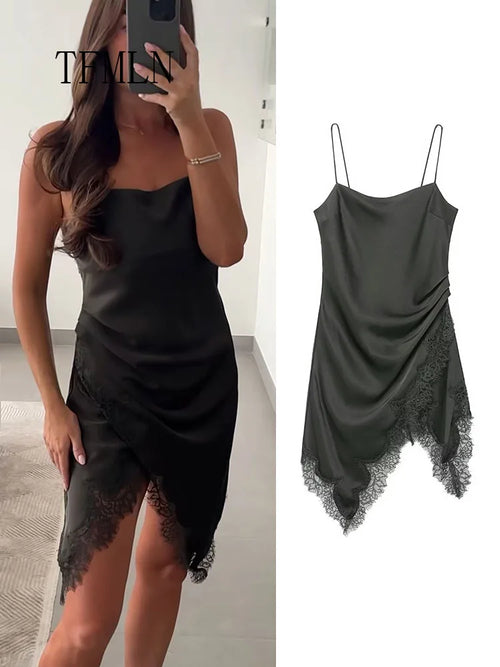 Lace-Trim Pleated Strap Dress | Women's Asymmetric Sleeveless Occasion Dress