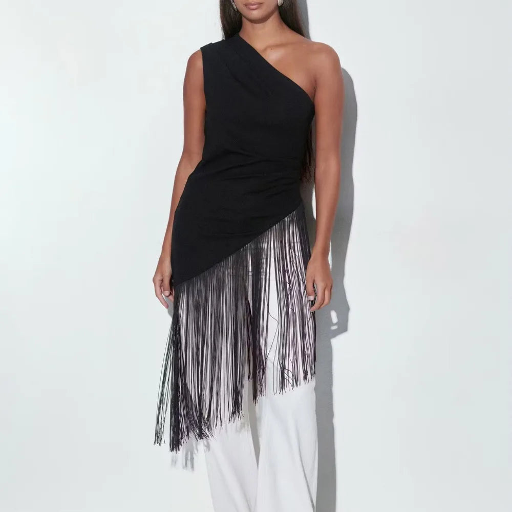 Tasseled One-Shoulder Top | Women's Asymmetric Backless Blouse