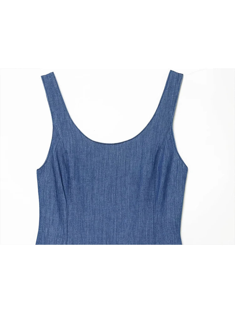 Denim Sleeveless Midi Dress | Women's Slim-Fit A-Line Slip Dress