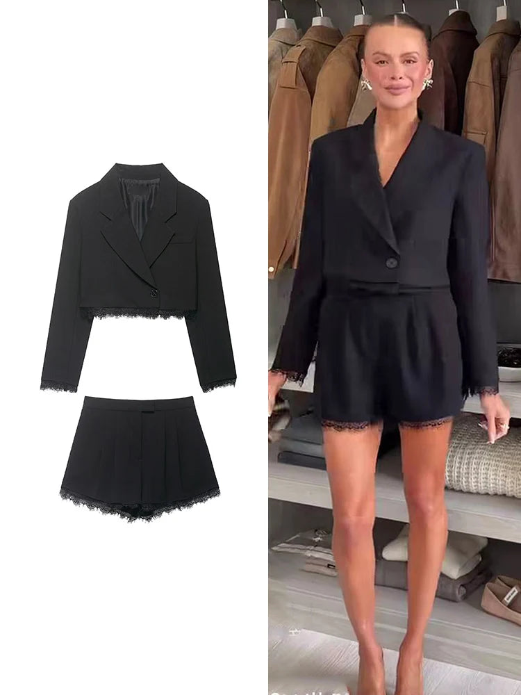 Lace-Trim Cropped Blazer & Shorts Set | Women's V-Neck Two-Piece Co-ord