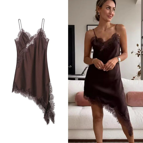Lace-Splice Asymmetric Sleeveless Dress | Women's Slim Backless Occasion Dress