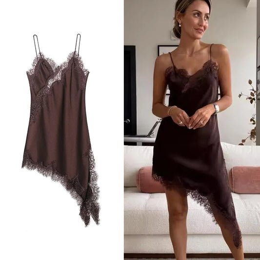 Lace-Splice Asymmetric Sleeveless Dress | Women's Slim Backless Occasion Dress