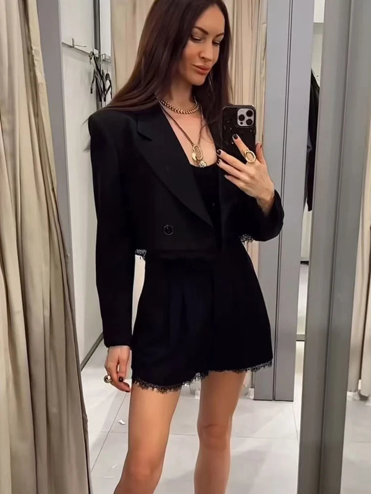 Lace-Trim Cropped Blazer & Shorts Set | Women's V-Neck Two-Piece Co-ord