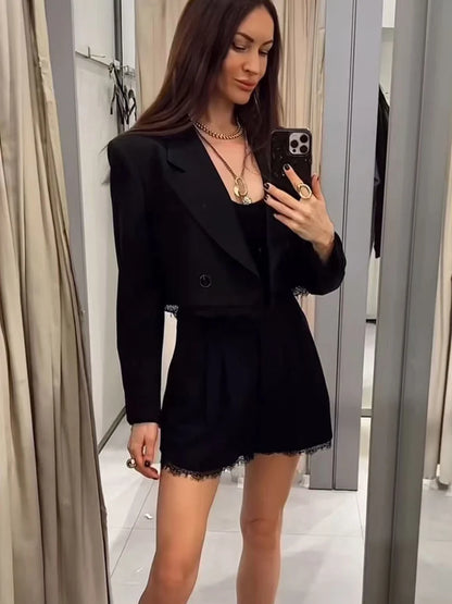 Lace-Trim Cropped Blazer & Shorts Set | Women's V-Neck Two-Piece Co-ord