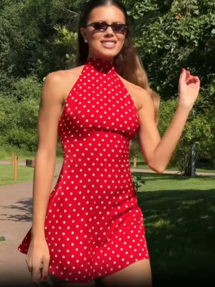 Halter Dot Print Mini Dress | Women's Backless Sheath Summer Dress