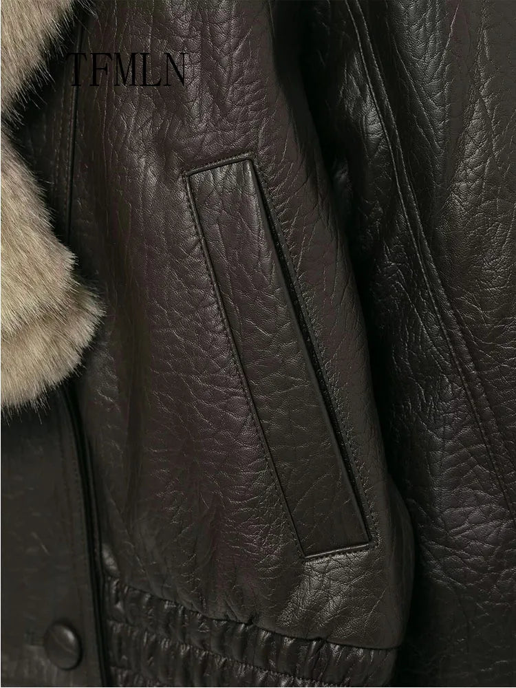 Faux Leather Double-Breasted Coat | Women's Detachable Fur-Collar Jacket