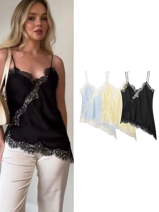 Lace-Splice Backless Cami | Women's V-Neck Asymmetric Sling Top