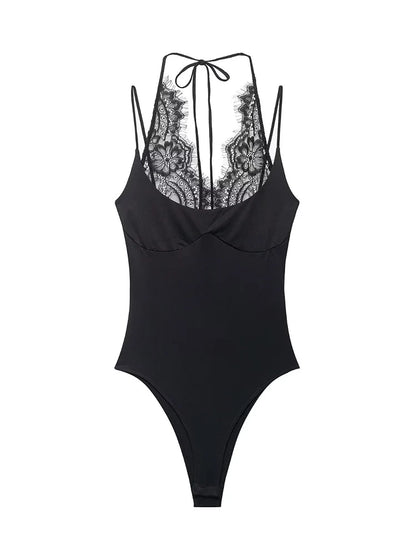 Lace-Panel Backless Sling Bodysuit | Women's Sleeveless Fitted Top