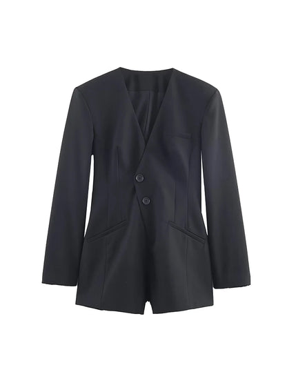 Blazer Romper Jumpsuit | Women's V-Neck Slim Long-Sleeve Shorts Set