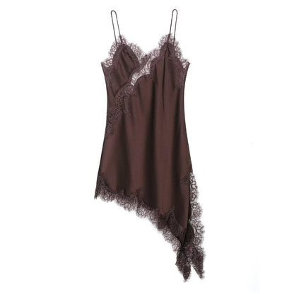 Lace-Splice Asymmetric Sleeveless Dress | Women's Slim Backless Occasion Dress
