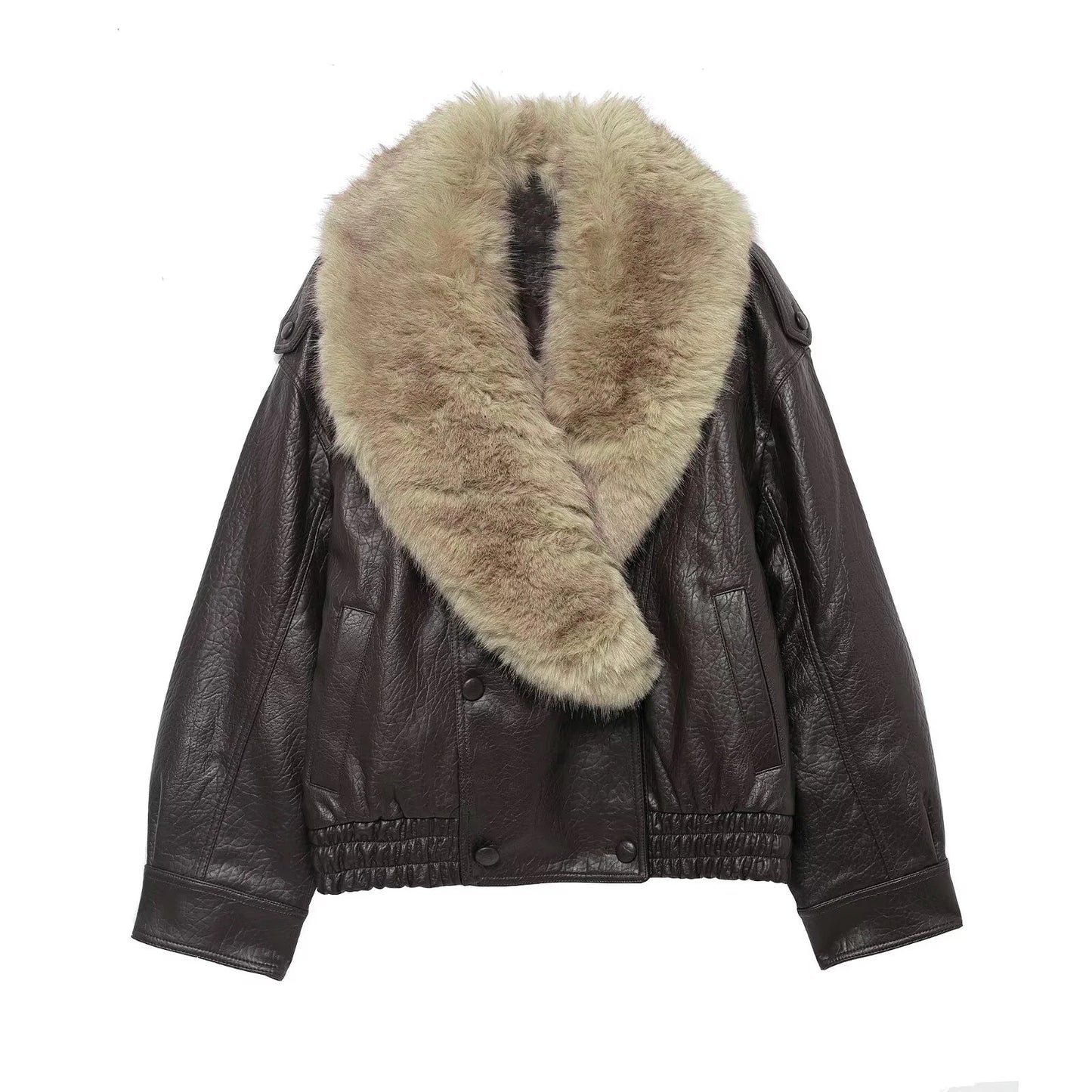 Faux Leather Double-Breasted Coat | Women's Detachable Fur-Collar Jacket