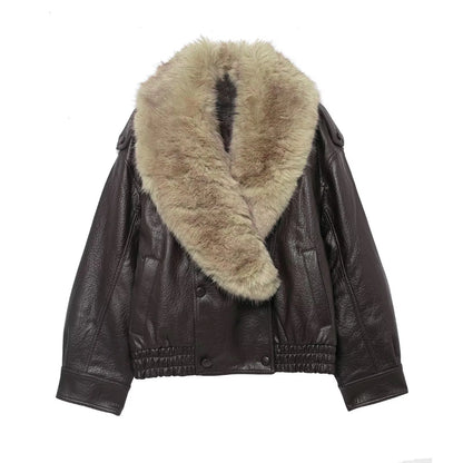 Faux Leather Double-Breasted Coat | Women's Detachable Fur-Collar Jacket