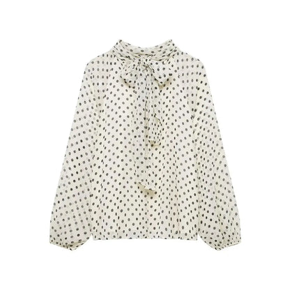 Bow-Collar Polka Dot Blouse | Women's Loose Long-Sleeve Shirt
